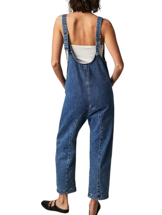 Free People High Roller Jumpsuit Sapphire Blue Slouchy Relaxed Cotton Large NWT - Picture 2 of 13